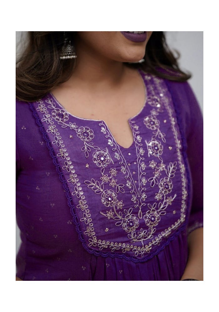 Malishka Export Purple Cotton Embroidery Anarkali Kurta Pant for Women - Image 2